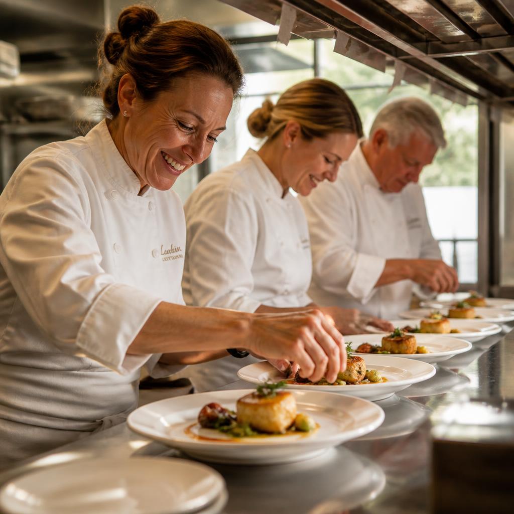 Chef's Catering culinary team plating dishes in the kitchen