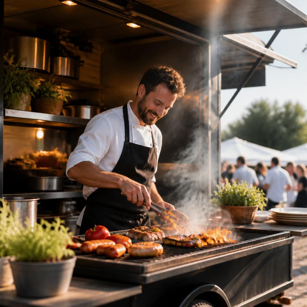 Chef cooking on the mobile kitchen at an outdoor event