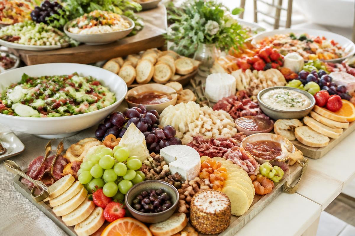 Grazing table of charcuterie, cheeses and salads at a Chef's Catering event