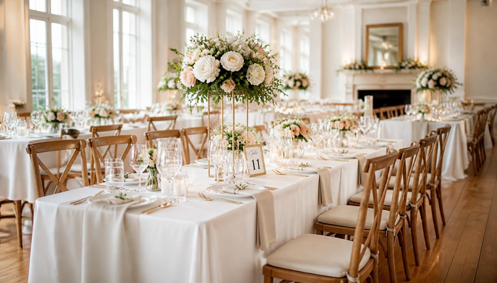 Bright wedding reception room set with white linens by Chef's Catering